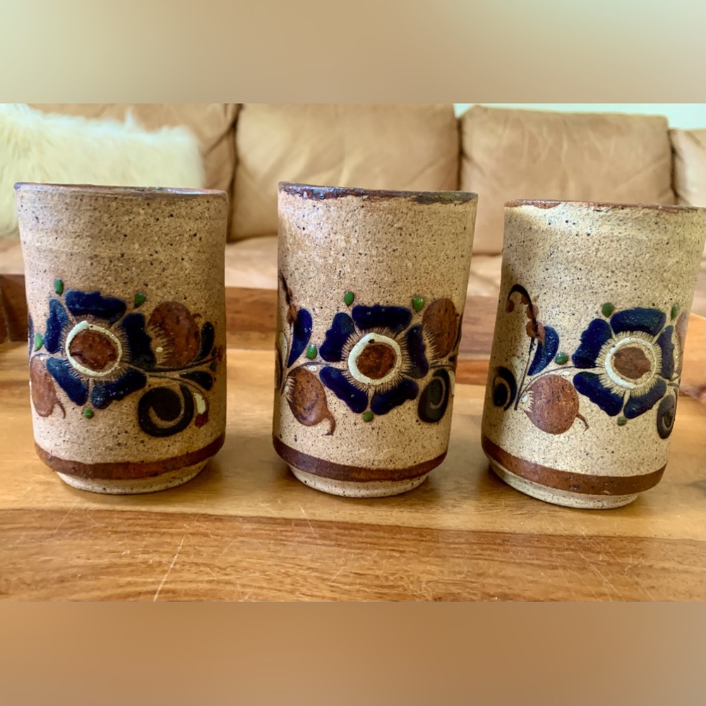 Mexican Collectible Tonala Signed Floral Pottery Cups Tumblers
